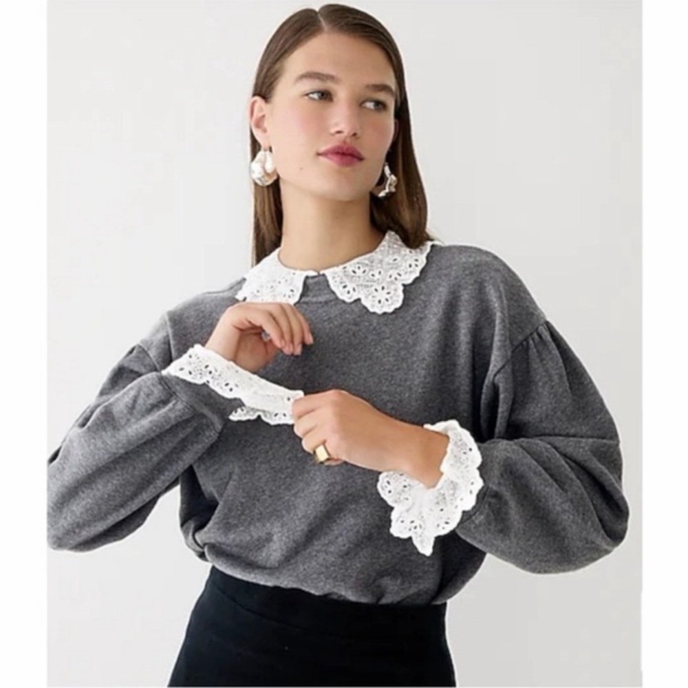 J. Crew Gray Crewneck Sweater with White Lace Collar & Cuffs